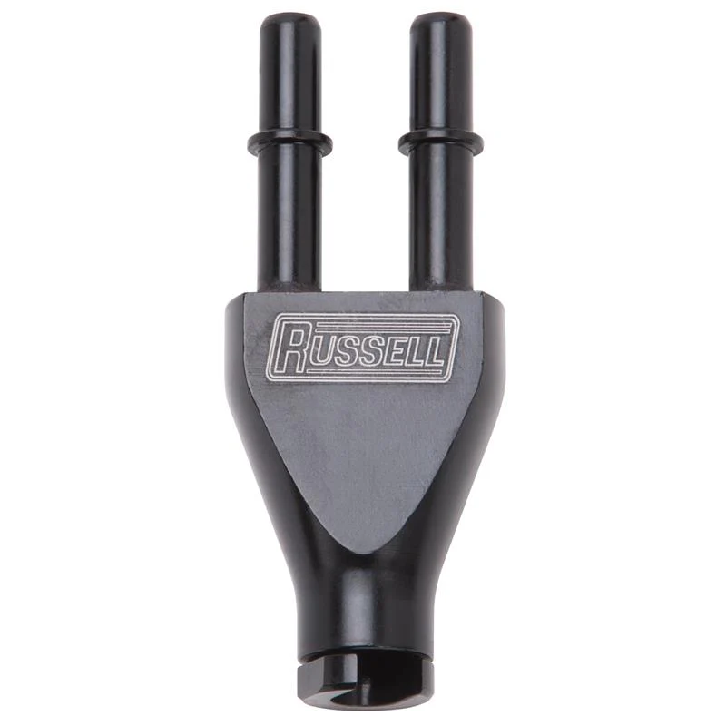 Russell Adapter Y-Block 3/8in Sae Quick Disconnect Female To 2X 3/8in Sae Qd Male Blk Anodized